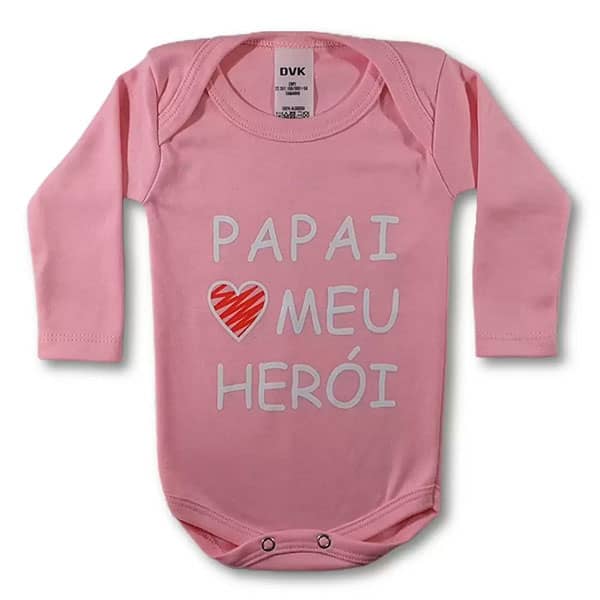 Body Bebe Personalizado Frase Papai Meu Heroi Rosa Manga longa