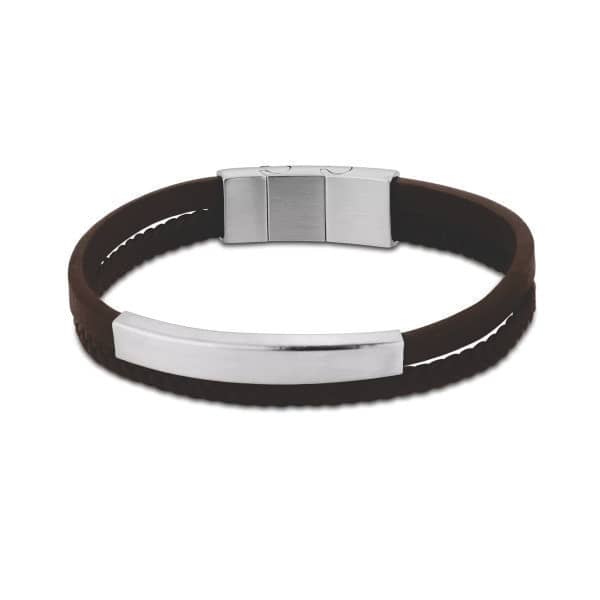 Bracelete Masculino de Couro Marrom e Aço