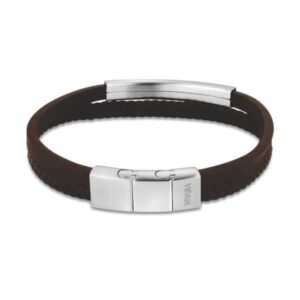 Bracelete Masculino de Couro Marrom e Aço