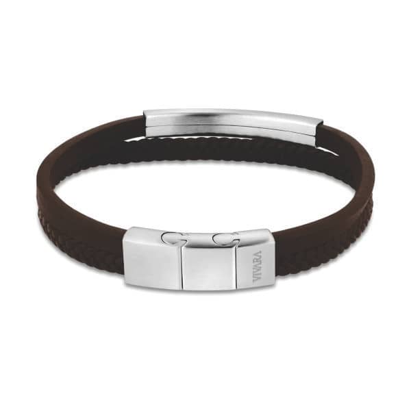 Bracelete Masculino de Couro Marrom e Aço