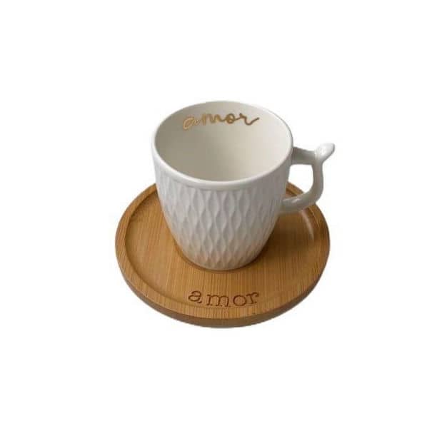 Conjunto Xícaras em Porcelana C/ Pires em Bambu