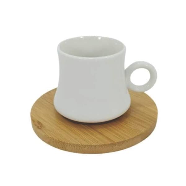 Conjunto Xícaras em Porcelana C/ Pires em Bambu