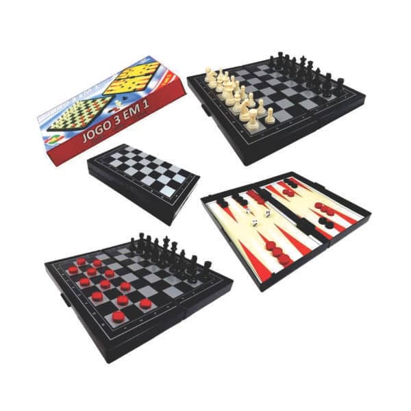 Jogo de Tabuleiro 3 em 1 Xadrez, Dama e Gamão Pequeno