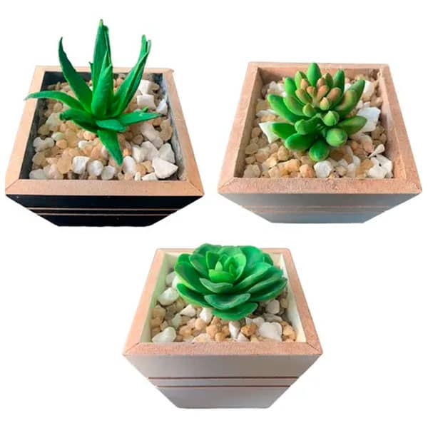 Kit 3 Vasinhos Mdf Suculenta Artificial Pedrinha Decorativo