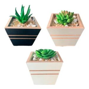 Kit 3 Vasinhos Mdf Suculenta Artificial Pedrinha Decorativo