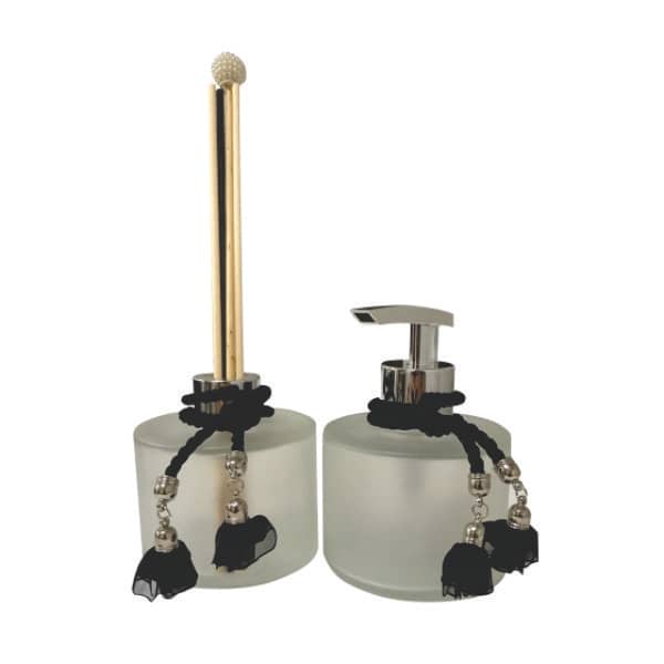 Kit Banheiro Lavabo Luxo Fosco Prata Brilho Preto Difusor Dispenser Saboneteira