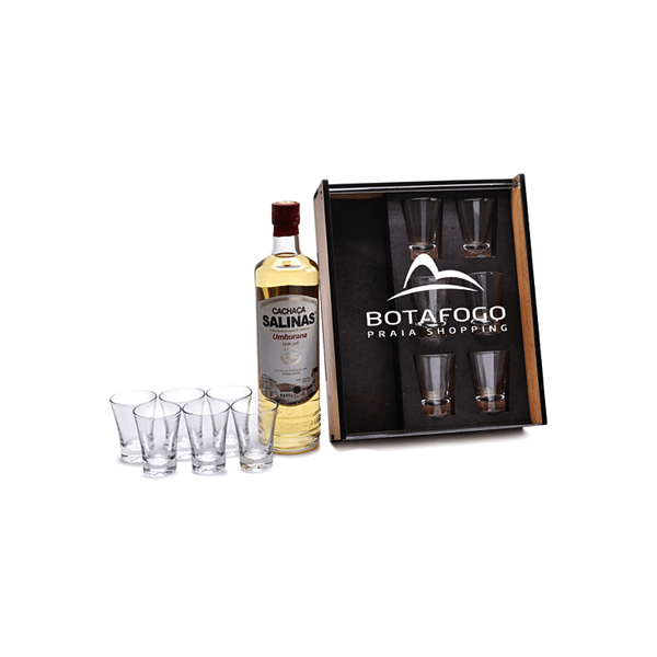 Kit Bebida Cachaça em Caixa de Madeira com 6 copos