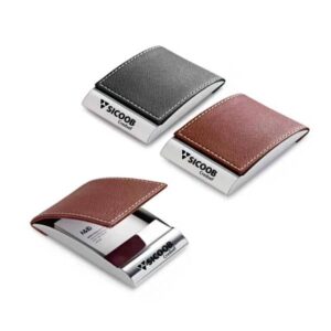 Kit Caneta Porta Cartão Metal e Couro Brinde