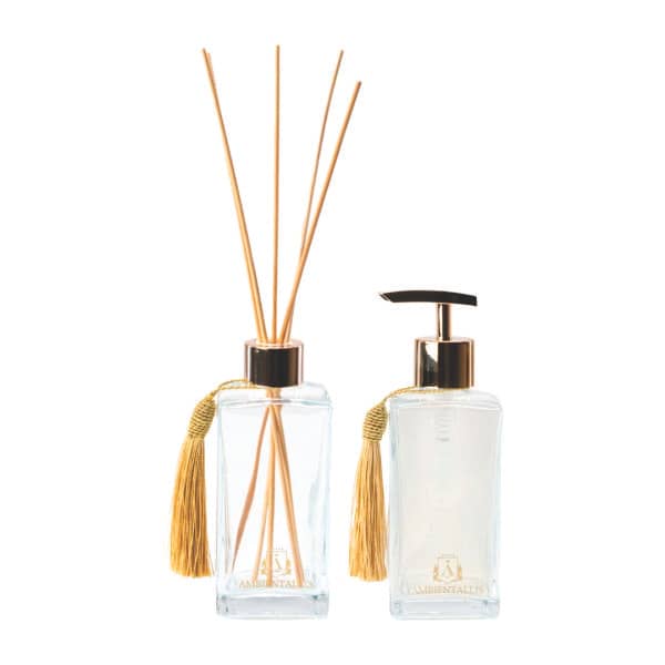 Kit Lavabo Dourado Vidro Luxo Saboneteira e Difusor