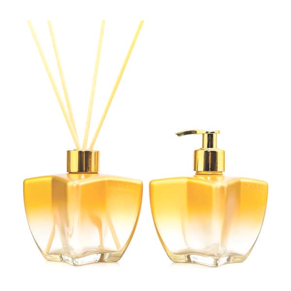 Kit Lavabo Dourado Vidro Luxo Saboneteira e Difusor