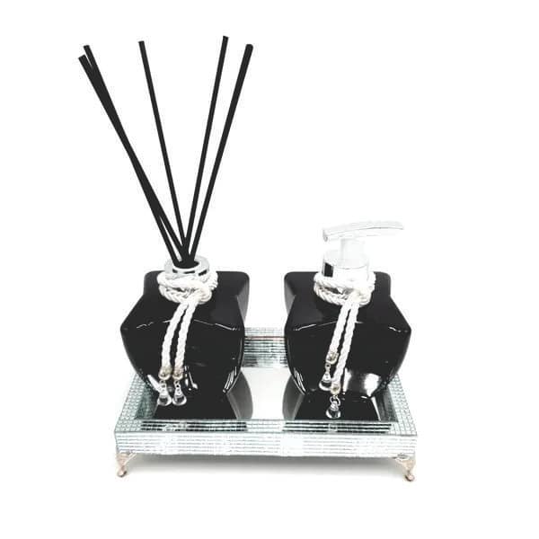 Kit Lavabo Luxo Preto Difusor de Varetas e Saboneteira