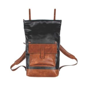 Mochila Camping Couro Preto e Caramelo