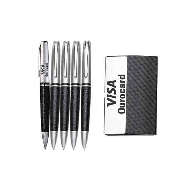 Kit 5 Canetas e Porta Cartão em Couro Sintético Brinde