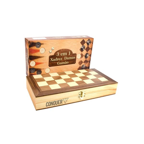 Kit com Jogo de Xadrez, Gamão e Dama – Tabuleiro 24 X 24CM
